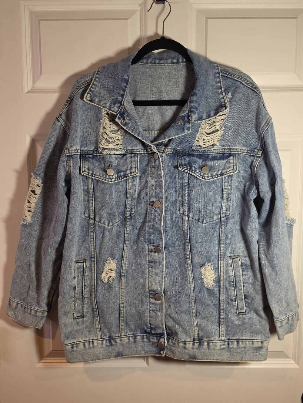 Shein Mens Classic Light Blue Distressed Denim Jacket Button Front M